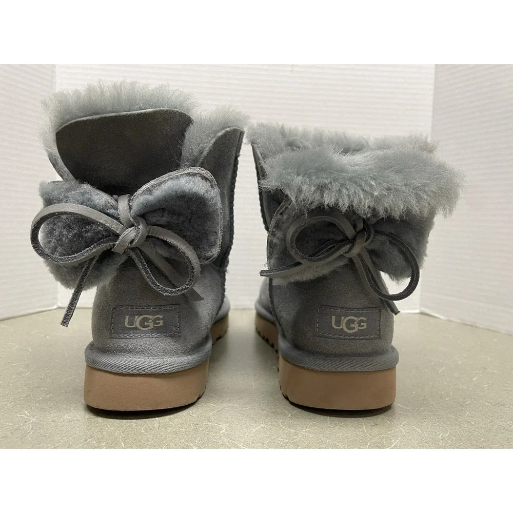 UGG Classic Double Bow Mini‎ Geyser Water Resistant Boot Gray Shearling Lined 7